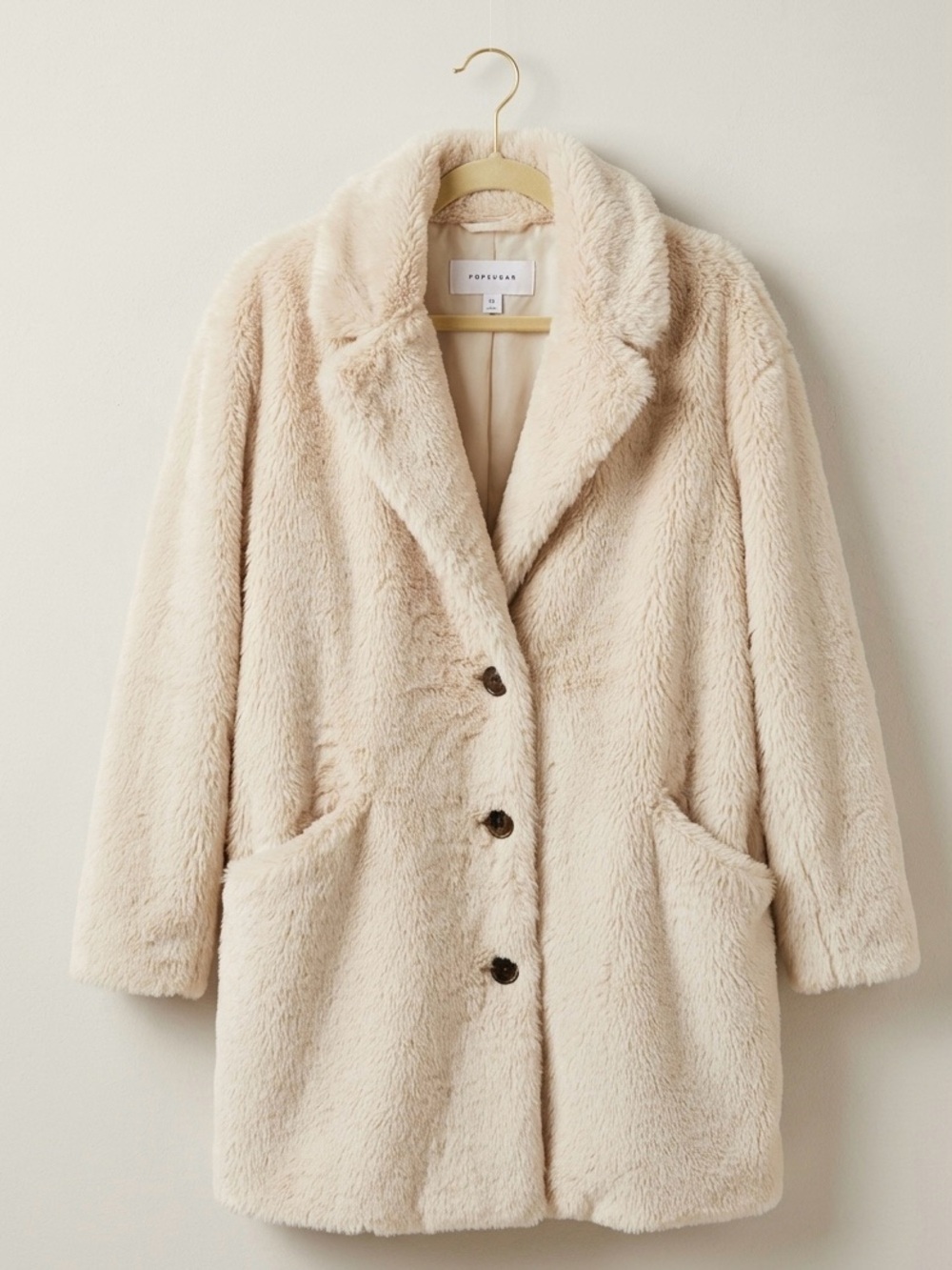 POPSUGAR Cream Teddy Faux-Fur Coat - mob wife- oversized - size medium